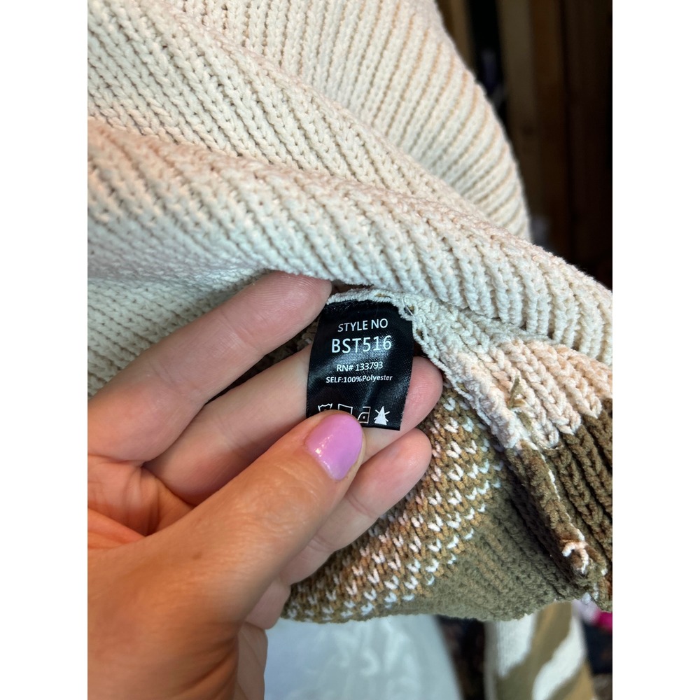 POL Boho Animal Print Oversized Knit Sweater Olive Cream‎ Boho Slouchy Sz L - Picture 8 of 10